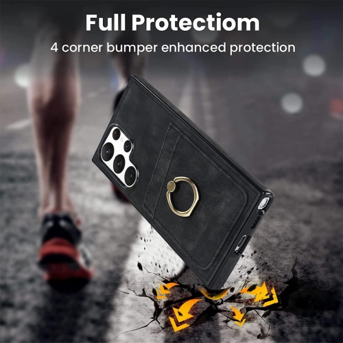 for Samsung Galaxy S22 Ultra Wallet Case with Tempered Glass Screen Protector 360°Rotation Ring Kickstand PU
