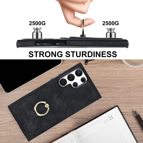 for Samsung Galaxy S22 Ultra Wallet Case with Tempered Glass Screen Protector 360°Rotation Ring Kickstand PU