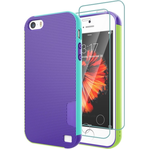 iPhone SE Case, iPhone 5S Case with 2 Pack Tempered Glass Screen Protector, Contrasting Colors Ultra