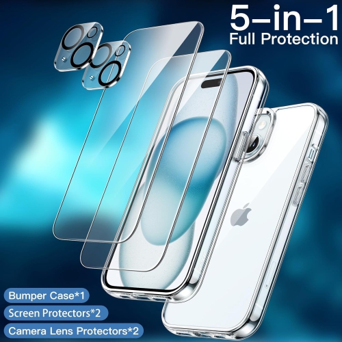 5 in 1 Case for iPhone 15 Plus 6.7-Inch with 2-Pack Each Tempered Glass Screen Protector and Camera Lens