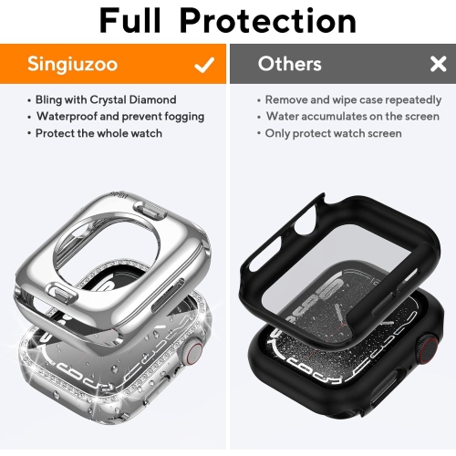 2 in 1 Bling Waterproof Case for Apple watch Series 8 7 45mm,360 Protective PC Cover Front & Back Bumper with Tempered