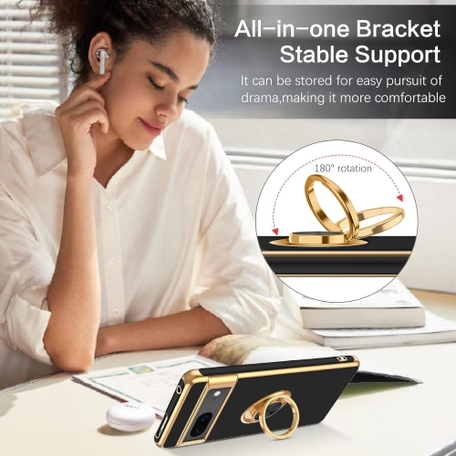 Étui pour Pixel 7, étui pour Pixel 7 de Google Support à anneau avec béquille rotative à placage sur le bord béquille silicone souple pare-chocs