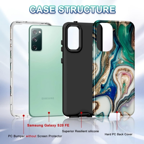 Pour étui Galaxy S20 FE 5G, modèle marbré 3-en-1, robuste, tout en boîtier, robuste, rigide, silicone