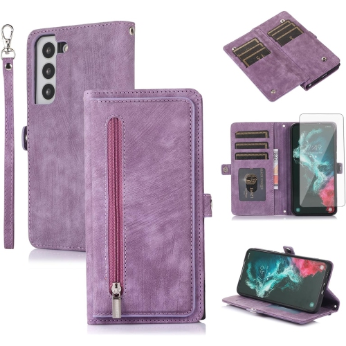 UNKNOWN  Phone Case for Samsung Galaxy S22 5G Wallet Cover With Tempered Glass Screen Protector And Crossbody Leather