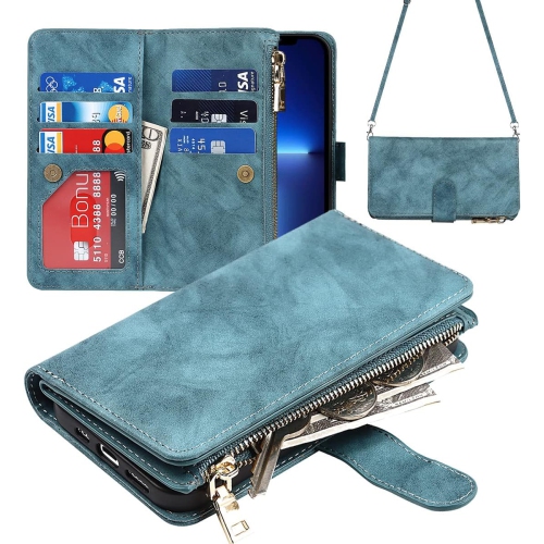 iPhone 13 Mini Zipper Wallet Case,[9 Card Holder][Cash Pocket] [Magnetic Closure][Wrist Strap] Premium Leather