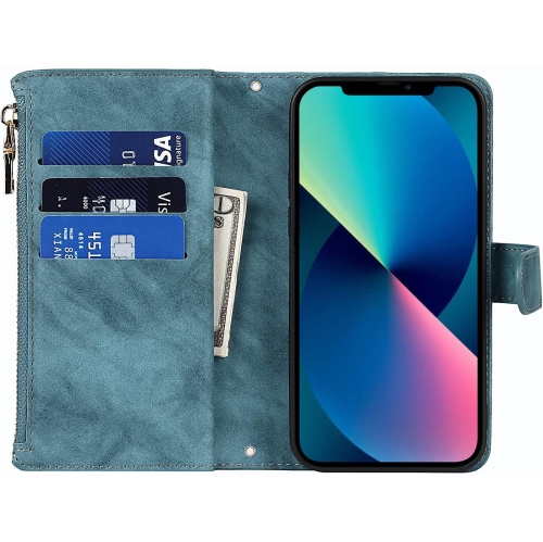 iPhone 13 Mini Zipper Wallet Case,[9 Card Holder][Cash Pocket] [Magnetic Closure][Wrist Strap] Premium Leather