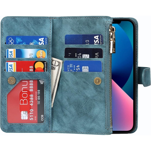 iPhone 13 Mini Zipper Wallet Case,[9 Card Holder][Cash Pocket] [Magnetic Closure][Wrist Strap] Premium Leather