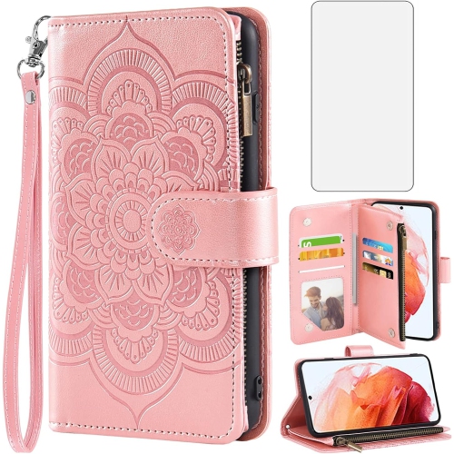 UNKNOWN  Compatible With Samsung Galaxy S22 5G Wallet Case And Tempered Glass Screen Protector Flower Leather Flip Card