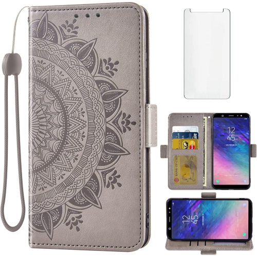 Compatible with Samsung Galaxy A6 Plus/J8 2018 Wallet Case and Tempered Glass Screen Protector Credit Card