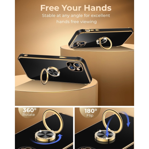 Designed for iPhone 15 Plus Case, Ring Holder Stand Luxury Bling Electroplated Phone Case with Strap, Cute
