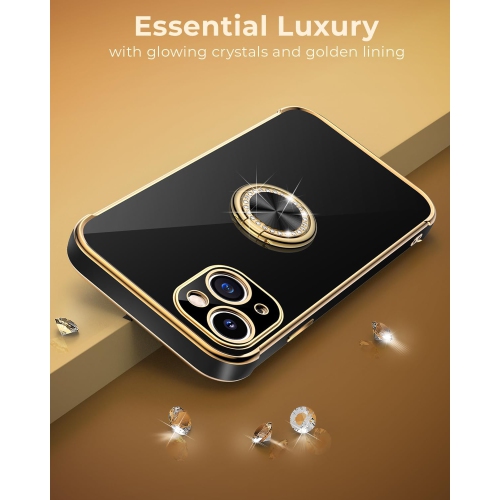 Designed for iPhone 15 Plus Case, Ring Holder Stand Luxury Bling Electroplated Phone Case with Strap, Cute