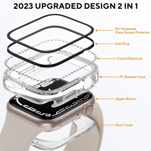 Compatible with Apple Watch Bling Case 40mm, 2 in 1 Waterproof Bumper Face & Bottom Cover Women Glitter Diamond