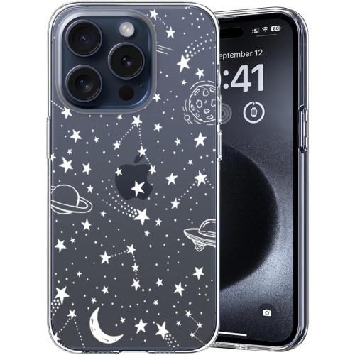 UNKNOWN  Iphone 15 Pro Case, for Girls Woman, Clear Floral Design Stars Moon Alien Ufo Meteor Space Universe Pattern Hard