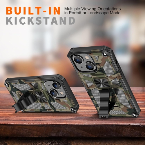 Camouflage Case for iPhone 15 Plus with Metal Kickstand, Camo Phone Cover Built-in 360° Rotate Ring Stand Case