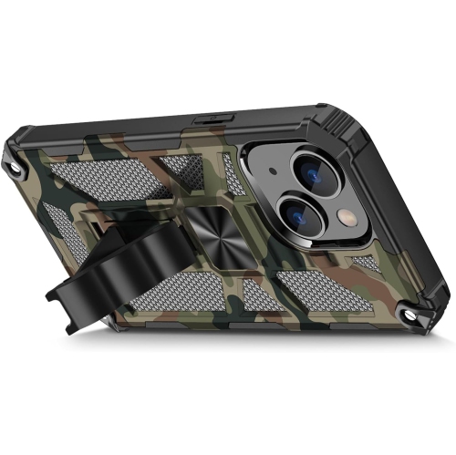Camouflage Case for iPhone 15 Plus with Metal Kickstand, Camo Phone Cover Built-in 360° Rotate Ring Stand Case