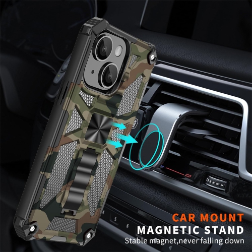Camouflage Case for iPhone 15 Plus with Metal Kickstand, Camo Phone Cover Built-in 360° Rotate Ring Stand Case