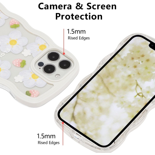 Case for iPhone 13/iPhone 14, Cute Curly Wave Frame Clear Case with Blue Floral Flower for Girls