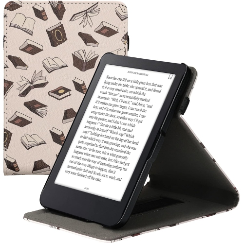 Cover Compatible with Kobo Clara 2E / Tolino Shine 4 Case - Stand + Strap - Books and Pages Beige/Brown/Gold