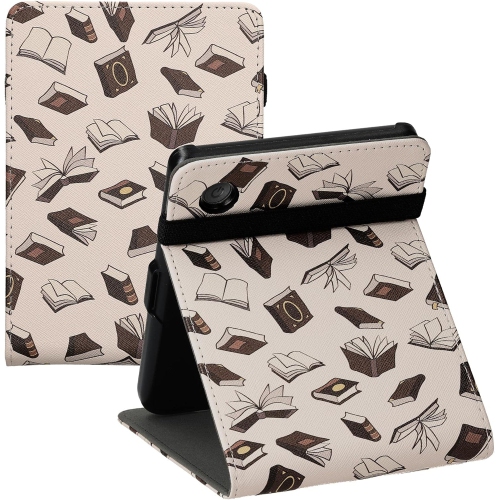 Cover Compatible with Kobo Clara 2E / Tolino Shine 4 Case - Stand + Strap - Books and Pages Beige/Brown/Gold