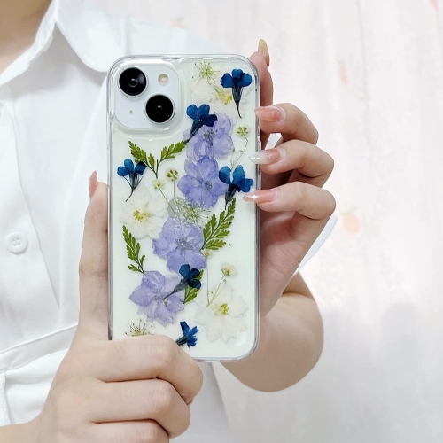 Compatible iPhone 15 Plus Case Clear Dried Pressed Flowers Women Girls Flexible TPU Real Floral Flower