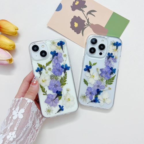 Compatible iPhone 15 Plus Case Clear Dried Pressed Flowers Women Girls Flexible TPU Real Floral Flower