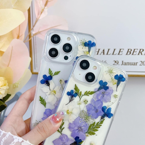 Compatible iPhone 15 Plus Case Clear Dried Pressed Flowers Women Girls Flexible TPU Real Floral Flower