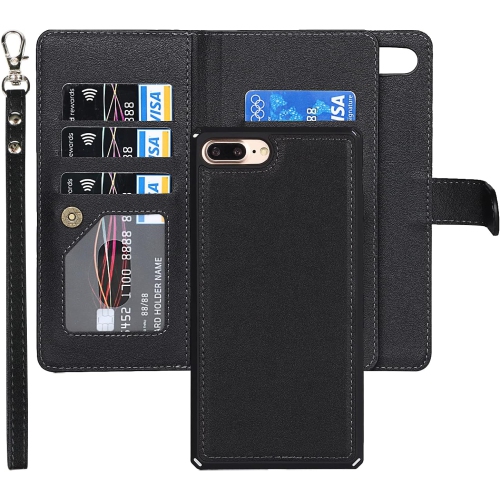 Étui-portefeuille pour iPhone 8 plus/7 plus avec porte-carte et dragonne, béquille en polyuréthane avec fentes pour cartes