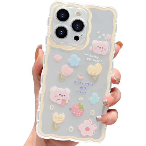 Case for iPhone 13 Pro Max, Cute Cartoon Flower Strawberry Bear Floral Pattern Curly Wave Frame Lace Design