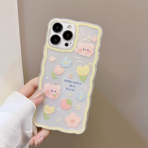 Case for iPhone 13 Pro Max, Cute Cartoon Flower Strawberry Bear Floral Pattern Curly Wave Frame Lace Design