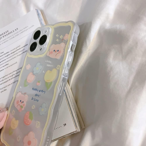 Case for iPhone 13 Pro Max, Cute Cartoon Flower Strawberry Bear Floral Pattern Curly Wave Frame Lace Design