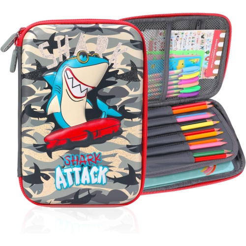 Brave Shark Pencil Case with Multi-Compartment for School Boy Kids, Cute EVA Pen Pouch Large Capacity Cartoon