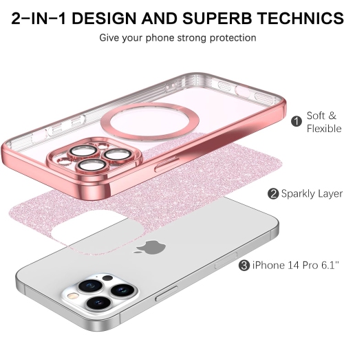 iPhone 14 Pro Case, Phone Case iPhone 14 Pro, Cute Glitter Luxury Bling Support Magsafe Cover Shockproof Full