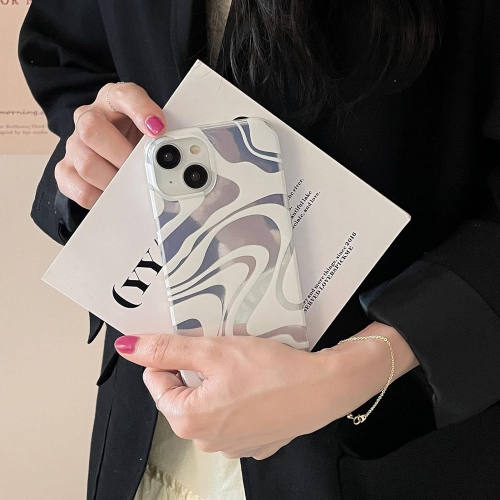 White Swirl Striped Plating Phone Case for iPhone 13 Pro Max,Retro Chic Wavy Lines Aesthetic Mirror Silver Double