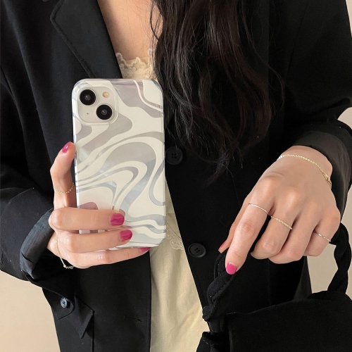 White Swirl Striped Plating Phone Case for iPhone 13 Pro Max,Retro Chic Wavy Lines Aesthetic Mirror Silver Double
