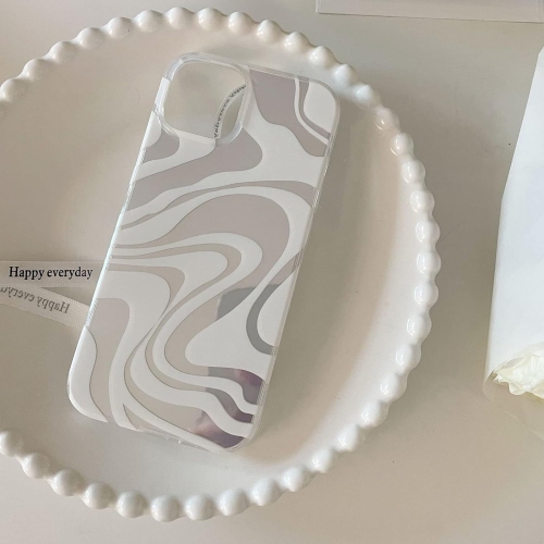 White Swirl Striped Plating Phone Case for iPhone 13 Pro Max,Retro Chic Wavy Lines Aesthetic Mirror Silver Double