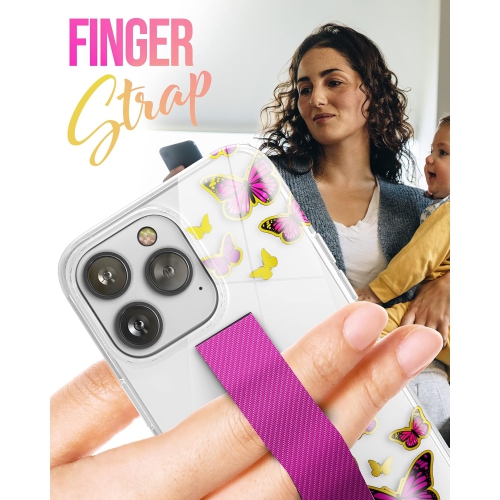 Hand Grip Case Designed for iPhone 14 Pro Case with Finger Loop and Tempered Screen Protector (Cute Pink