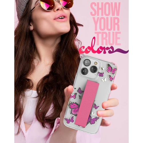 Hand Grip Case Designed for iPhone 14 Pro Case with Finger Loop and Tempered Screen Protector (Cute Pink