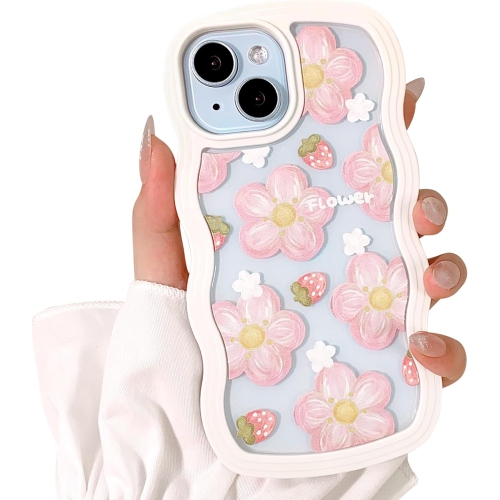 Compatible for iPhone 15 Case Cute Curly Wave Frame Shape Shockproof Soft TPU 2 in 1 Flower Floral Phone Cover
