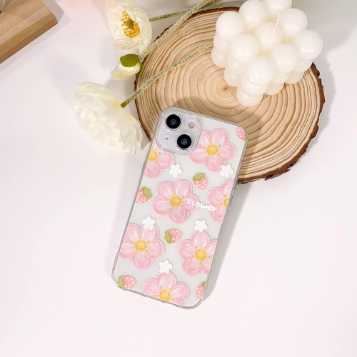 Compatible avec l'étui iPhone 13 Cute Clear Oil Flower Floral Strawberry Design pour filles Soft TPU