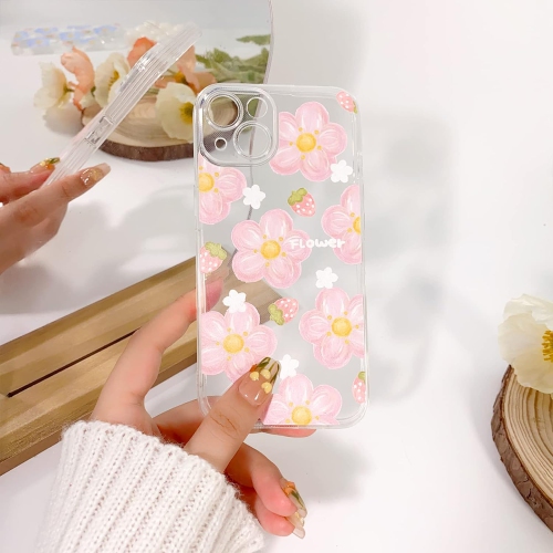 Compatible avec l'étui iPhone 13 Cute Clear Oil Flower Floral Strawberry Design pour filles Soft TPU