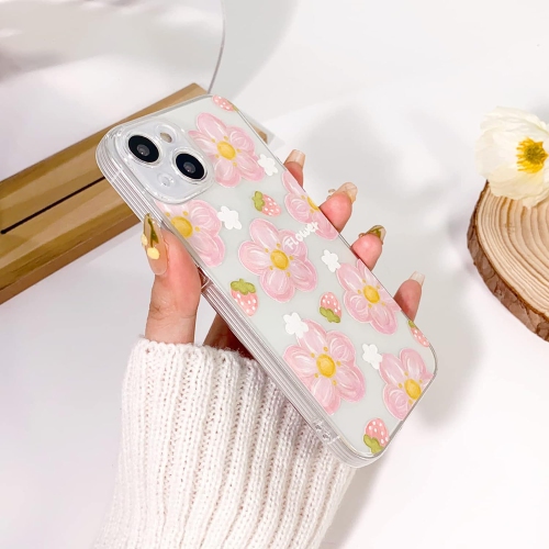 Compatible avec l'étui iPhone 13 Cute Clear Oil Flower Floral Strawberry Design pour filles Soft TPU