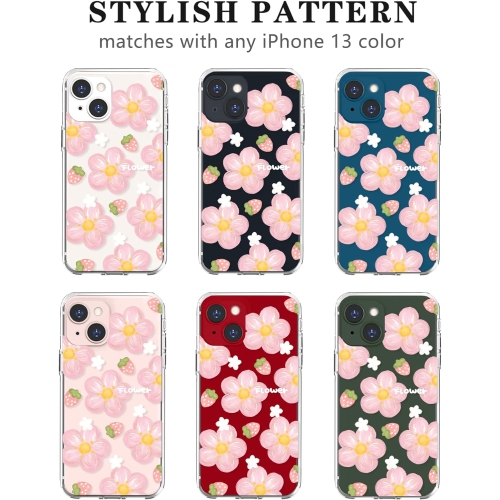 Compatible avec l'étui iPhone 13 Cute Clear Oil Flower Floral Strawberry Design pour filles Soft TPU