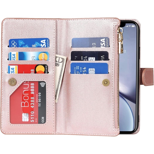 Wallet Case Compatible with iPhone XR Case,[9 Card Slots] [Wrist Strap] [Stand Feature] Zipper Cash Pocket