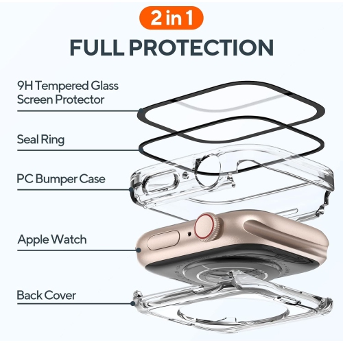 2 Pack 2 in 1 Waterproof Case for Apple watch Series 8 7 45mm, Straight Edge PC Front & Back Bumper with Tempered Glass
