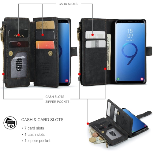 UEEBAI Wallet Case for Samsung Galaxy S9, Premium Handmade PU Leather Phone Case Card Slots Magnetic Closure Zipper
