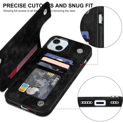 Étui-portefeuille en cuir pour iPhone 15 plus avec porte-carte, béquille rabattable avec fentes pour cartes double fermoir magnétique