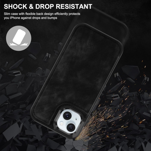 Étui-portefeuille en cuir pour iPhone 15 plus avec porte-carte, béquille rabattable avec fentes pour cartes double fermoir magnétique