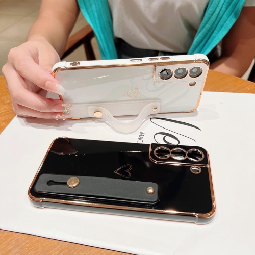 Compatible Samsung Galaxy S21+ Plus 5G Case for Women Girls, Electroplated Heart Pattern with Wristband Holder