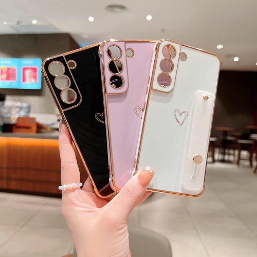 Compatible Samsung Galaxy S21+ Plus 5G Case for Women Girls, Electroplated Heart Pattern with Wristband Holder