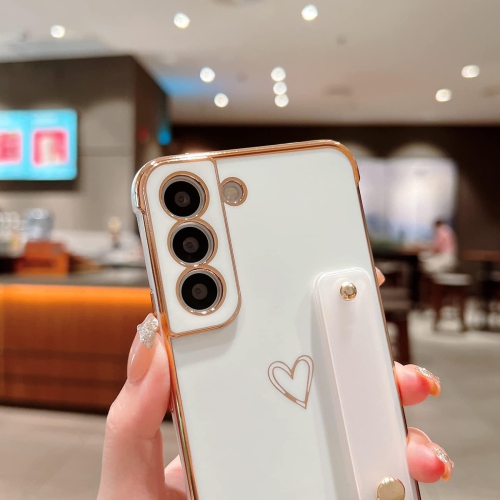 Compatible Samsung Galaxy S21+ Plus 5G Case for Women Girls, Electroplated Heart Pattern with Wristband Holder